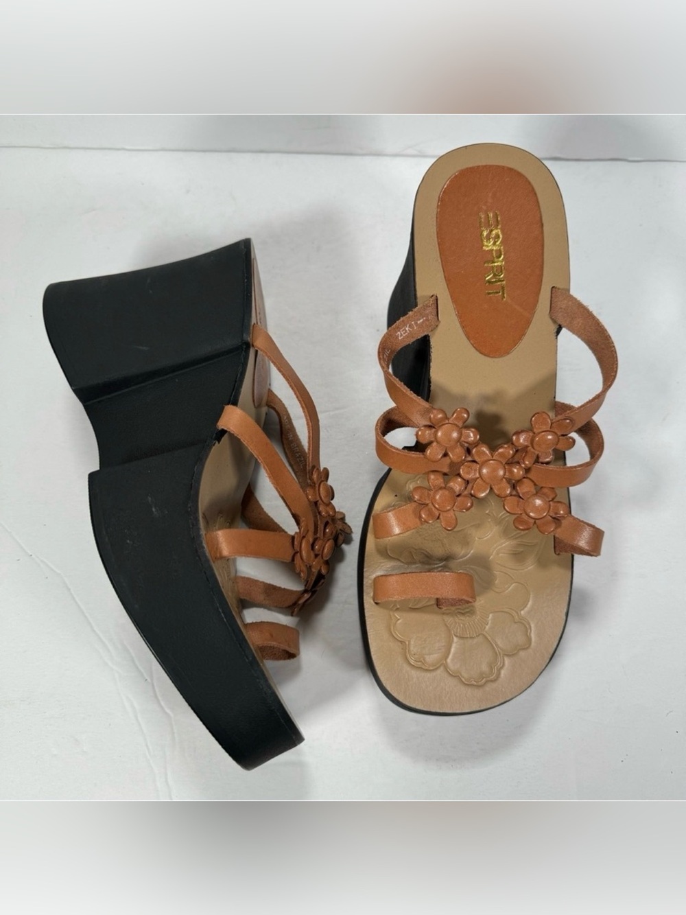 Esprit Retro Y2K Zeki Brown Leather Chunky Flower Platform Sandals Women Size 7